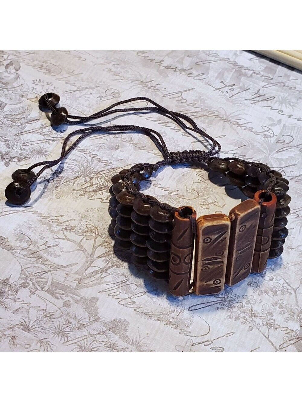 Vintage 90s Y2K Brown Tribal Patterns Wood Acrylic OSFA Adjustable Bracelet